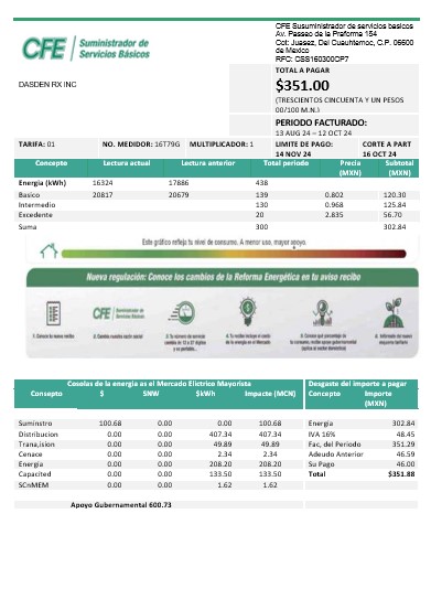 Mexico Electricity CFE business utility bill template in Word and PDF formats, fully editable